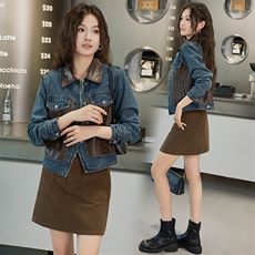 别致独特牛仔拼皮短外套女秋季2024新款通勤百搭可盐可甜短款上衣，女装牛仔外套，美拉德工厂直营店