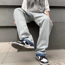 2023夏季街头复古牛仔裤男直筒宽松ins潮牌美式高街裤子NK481P40图片