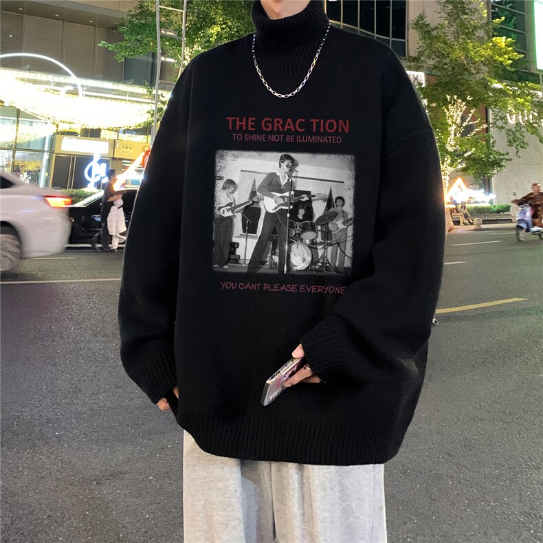 特批港风夜景个性人物印花宽松高领毛衣M971P45加绒P60控88,男装针织衫/毛衣,电商A247