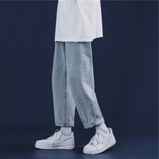 主推2023新款四季九分宽松直筒牛仔裤休闲百男女裤子k907--p35图片