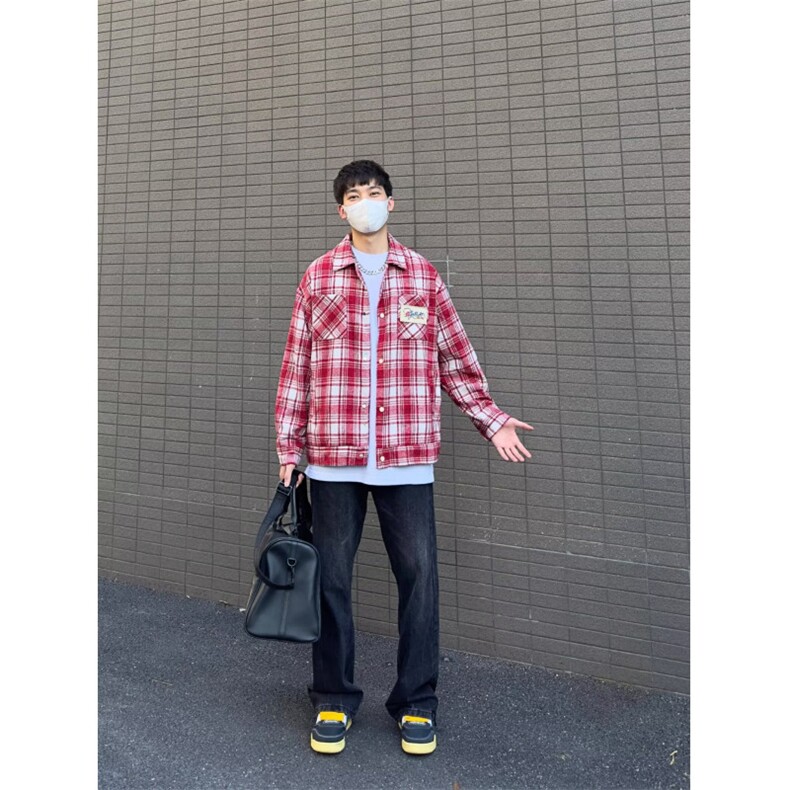 美式高街拼色刺绣格子长袖衬衫夹克男女设计感小众宽松潮外套,男装夹克,星座506A