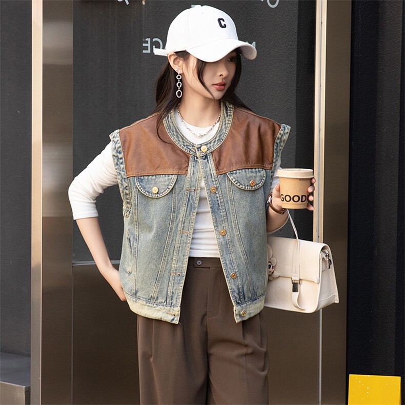 撞色拼接小众设计感十足水洗牛仔马甲女24秋季新款时尚帅气酷飒范，女装马甲，美拉德工厂直营店