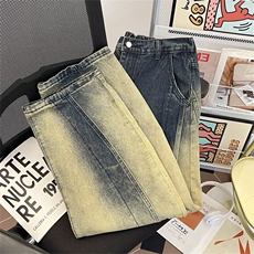 渐变色解构弯刀牛仔裤男夏季美式潮情侣直筒阔腿长裤子3533P55，男装牛仔裤，星座410-2