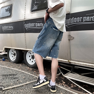 夏季新款破洞乞丐毛边泼墨直筒直筒牛仔五分短裤牛仔裤男高街美式图片