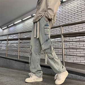 美式复古水洗做旧工装牛仔裤男秋季新款抽绳宽松阔腿裤NK31-P50图片