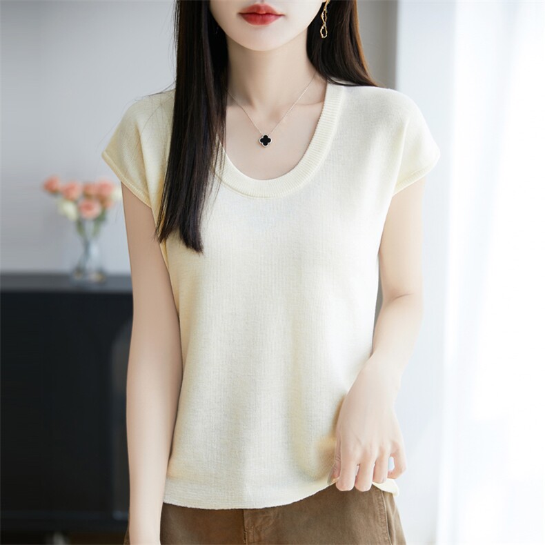 通勤百搭舒适柔软精纺羊毛小飞袖U领短袖女短款针织纯色宽松T恤图片