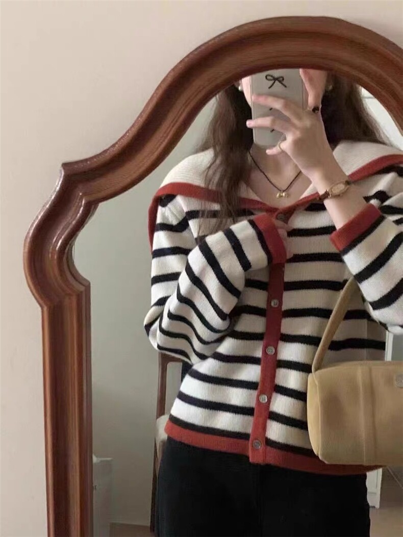 条纹毛衣女秋冬2024新款宽松慵懒风针织衫长袖上衣,女装羊毛衫,思途羊绒
