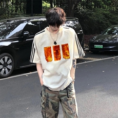 抖音得物高品质二开240克宽松纯棉美式潮牌三条杠织带短袖T恤，男装T恤，电商A486-1