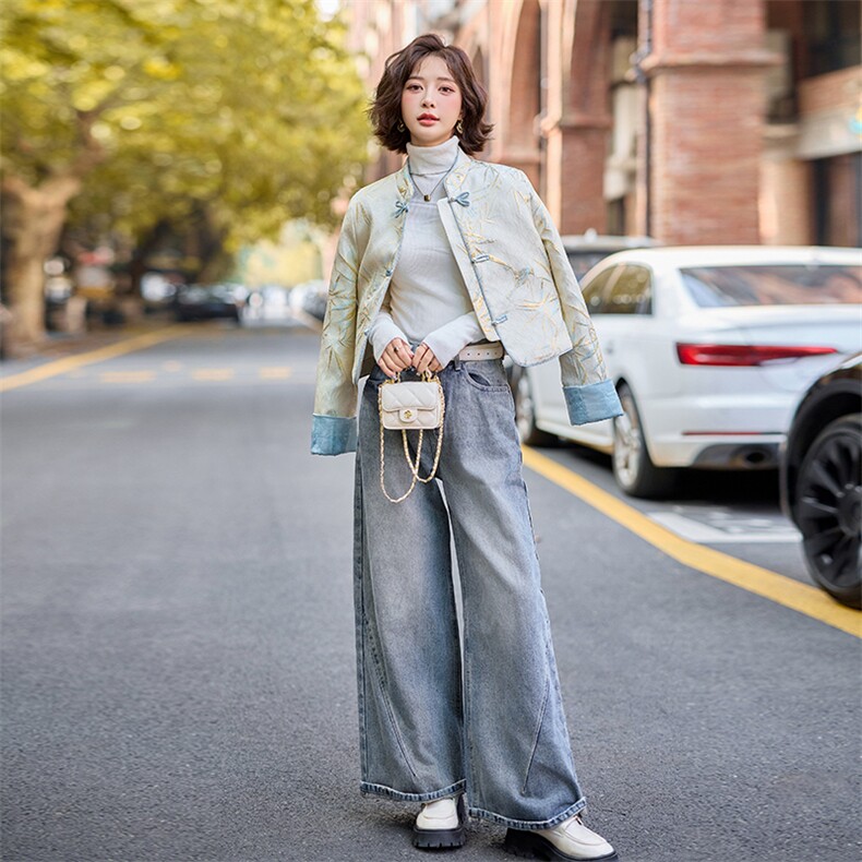 新中式轻薄羽绒服女短款2025年新款春白鸭绒时尚唐装提花外套,女装短外套,水衣源
