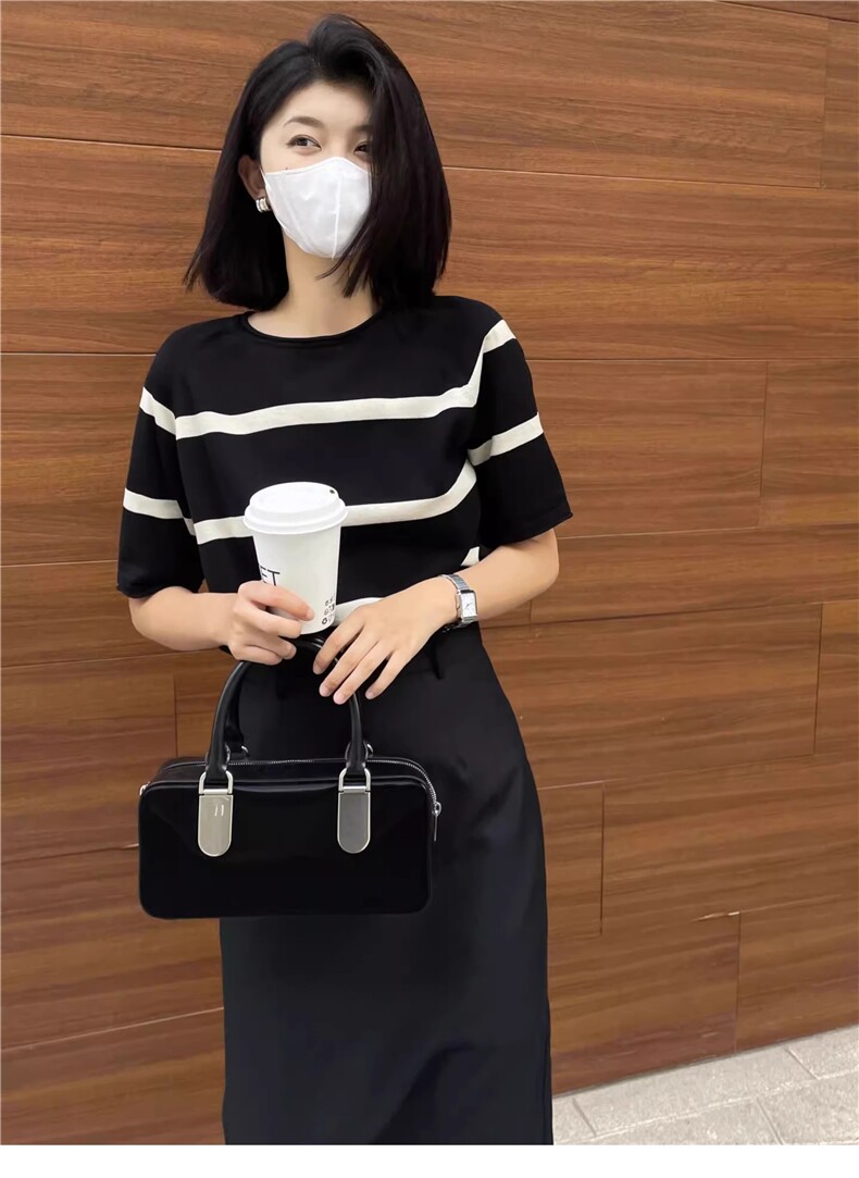 宽条纹短袖10%羊毛,女装T恤,佳弈羊绒