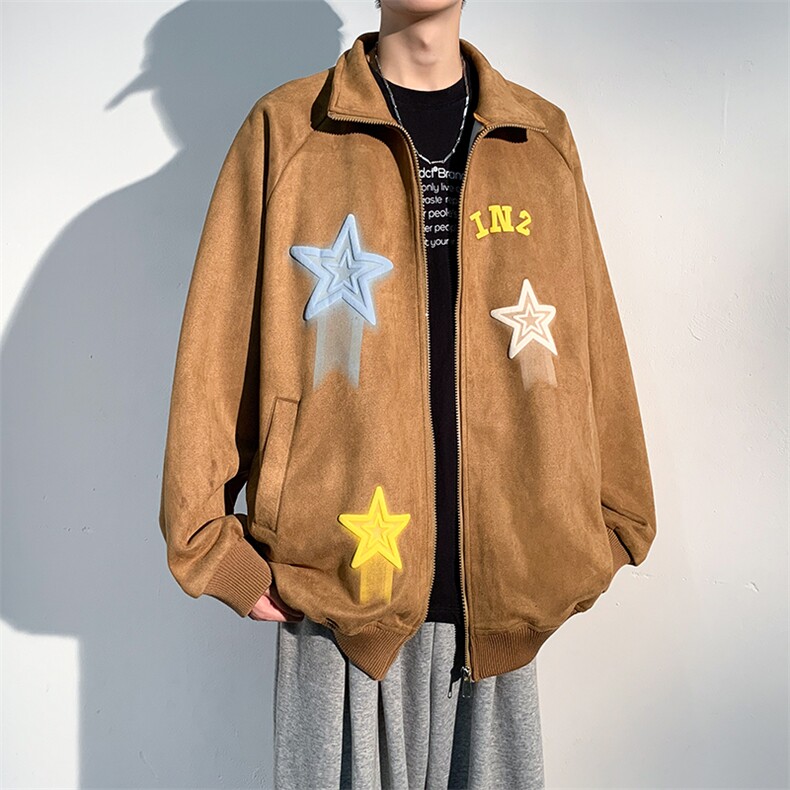 J6618P68光影墙2024抖音高品质秋季星星印花麂皮绒翻领夹克外套,男装夹克,电商A026-1