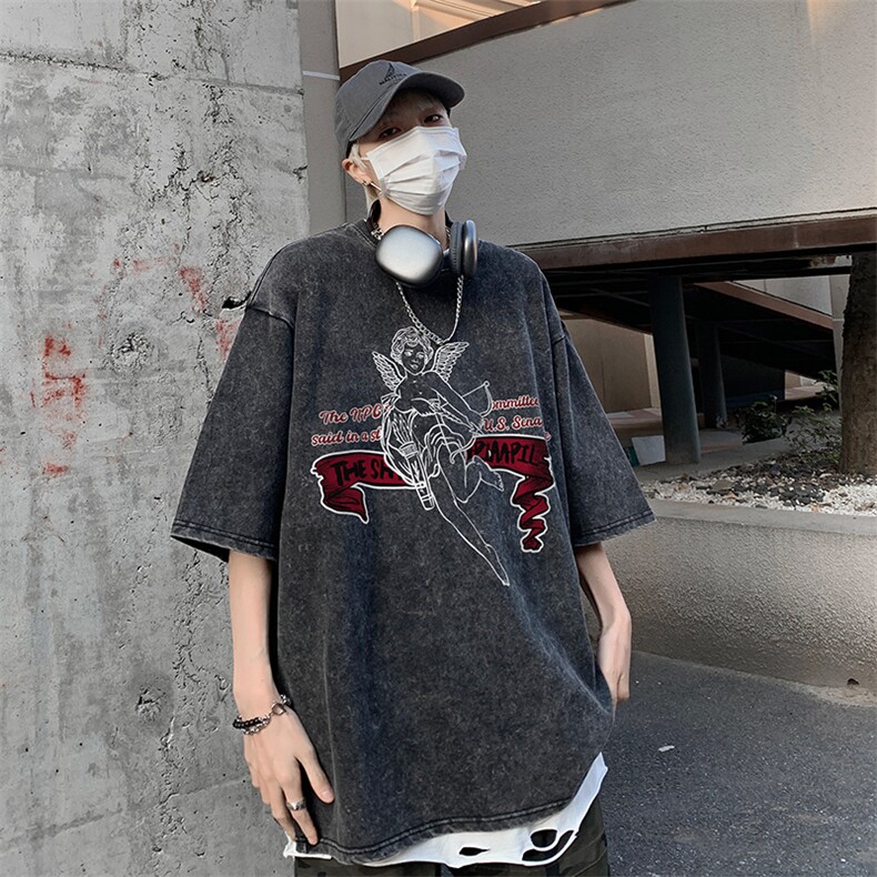 B239-X1025-P38 美式 字母 做旧水洗短袖落肩袖短袖T恤男图片