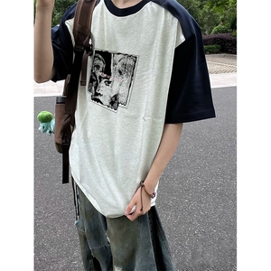 抖音得物高品质二开240克宽松纯棉美式潮牌插肩袖拼接短袖T恤图片