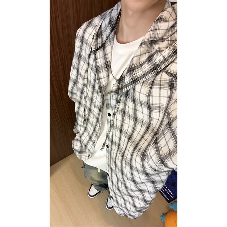 连帽格子长袖衬衫男女宽松衬衣防晒外套美式复古C2238-特价P33,男装防晒衣,电商A007
