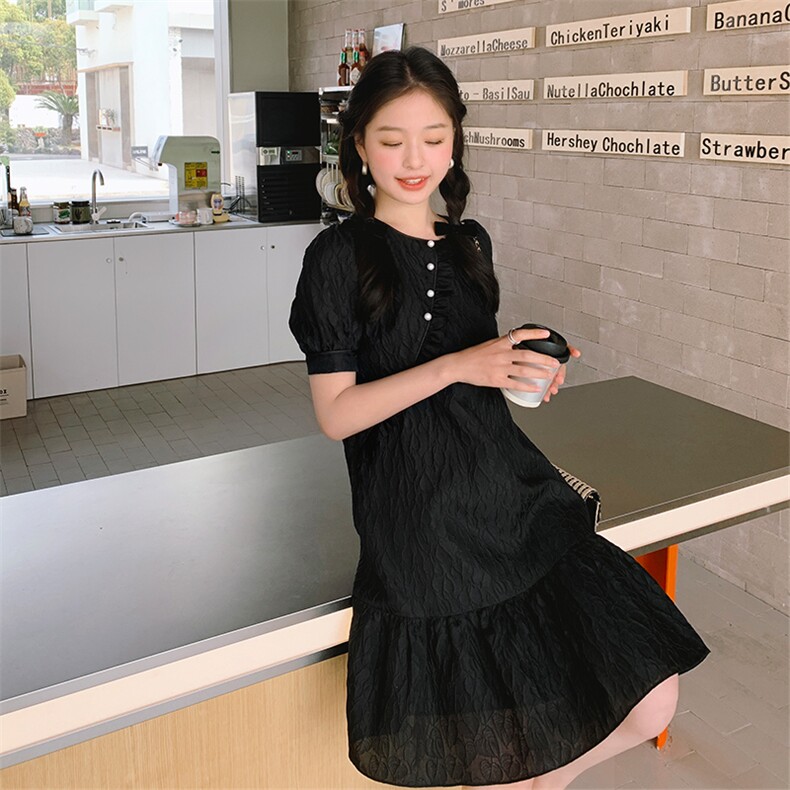 肌理感小香风连衣裙女夏2023新款小个子减龄漂亮洋气荷叶边小黑裙,女装连衣裙,姿衣轩