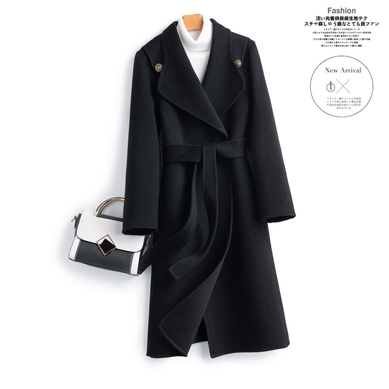 过膝高端长款双面羊绒大衣秋冬女系带纯羊毛呢子加厚系带毛呢外套，女装双面呢大衣，温鑫双面呢