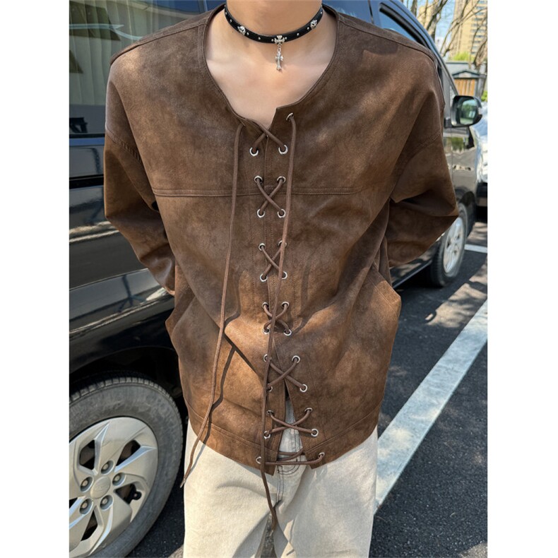 XZ1005-1-TTH0077-批98-小众设计感抽绳皮衣外套夹克，男装夹克，星座1005-1