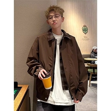 A200-P65假两件外套男2025年新款翻领行政夹克男士春装潮牌格子，男装夹克，电商B323A