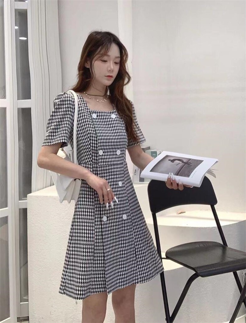 夏季新款小香风千鸟格方领收腰修身显瘦连衣裙，女装连衣裙，秀丽一生