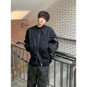 黑色解构短款外套男设计感痞帅美式复古飞行员夹克cleanfit棒球服图片