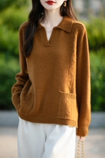 POLO领100%纯羊毛针织衫女外穿宽松毛衣2025秋冬翻领上衣，女装羊毛衫，鲁菏羊绒