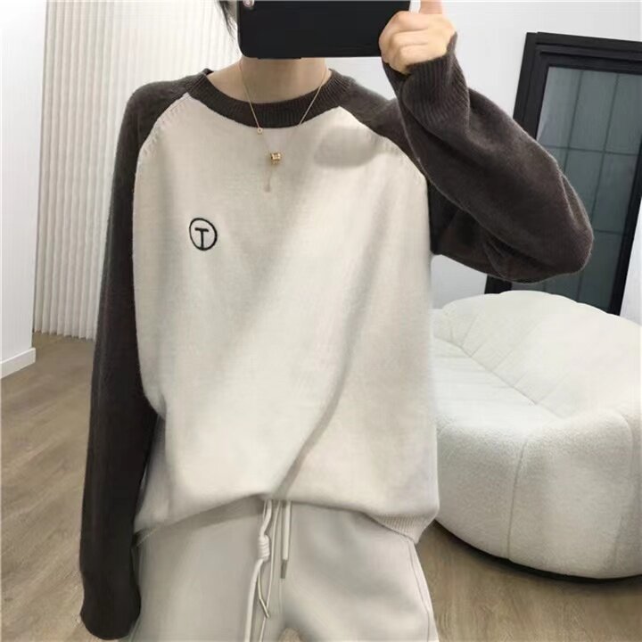 纯毛12针拼色插肩圆领T字刺绣打底针织衫，女装针织衫/毛衣，百纯羊绒