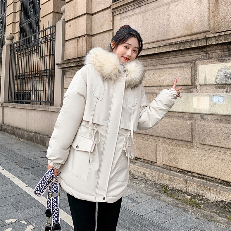 2022年冬季羊羔毛加绒抽绳可收腰连帽大毛领棉服,女装棉衣/棉服,天丽