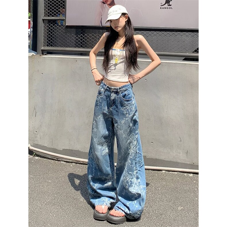 大码美式复古水洗波纹微喇牛仔裤女新款辣妹排扣褶皱直筒显瘦长裤,男装牛仔裤,星座506A