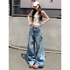 大码美式复古水洗波纹微喇牛仔裤女新款辣妹排扣褶皱直筒显瘦长裤，男装牛仔裤，星座506A
