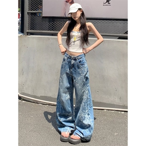 大码美式复古水洗波纹微喇牛仔裤女新款辣妹排扣褶皱直筒显瘦长裤图片