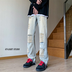 B221美式ins高街暗黑小众修身小脚破洞牛仔裤LK23055-P65控88，男装牛仔裤，电商B221