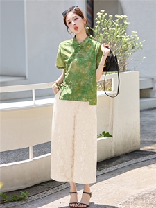 长期有货2026夏装新款时尚两件套装女提花新中式衬衫T阔腿腿裤女图片