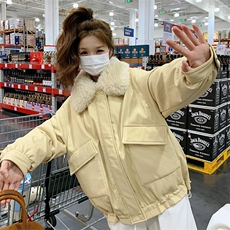 黄色减龄时尚羊羔毛翻领蛋白皮羽绒服女2025冬新款加厚90白鸭绒服，女装羽绒服，2C300