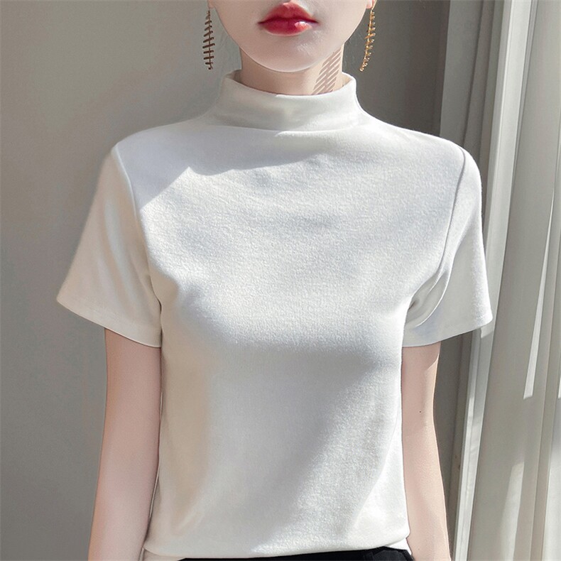 2025年秋季纯色日常棉薄款不连帽短袖修身型时尚百搭半高领，女装T恤，蒙亿羊绒