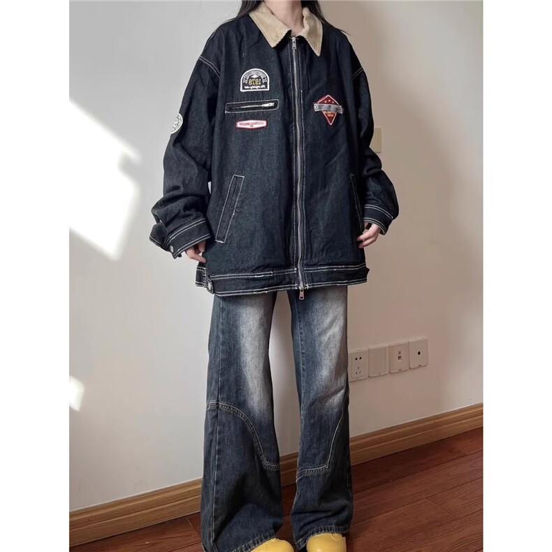 新款潮流流行灯芯绒翻领机车绣花牛仔外套ins慵懒文艺LF49011-P79,男装工装外套,星座1008