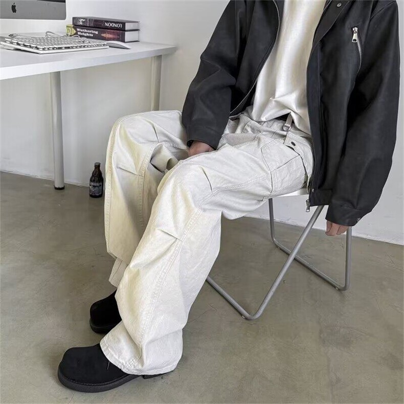 CL0261-P56美式复古褶皱设计感工装裤宽松高街vibe直筒休闲裤潮,男装休闲裤,电商C233