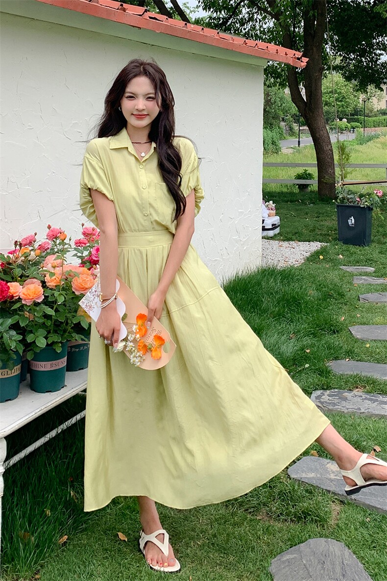 夏季新款简约小清新绿色两件套连衣裙套装,女装套装/套裙,帛锦泉