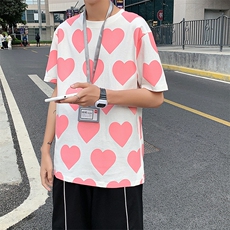 港风新款全身爱心短袖T恤男夏季学生纯棉宽松半袖体恤T127P35控49，男装T恤，电商A089-1