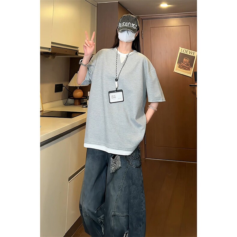 A2011TP30控55-夏季新款2025美式复古双层V领假两件拼接短袖T恤男,男装T恤,电商B241