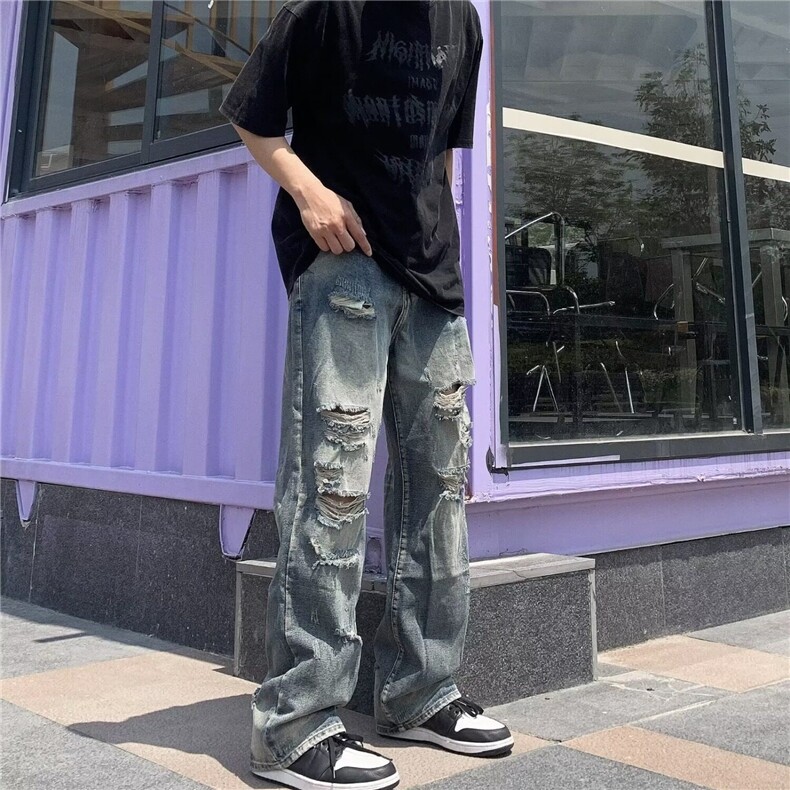 新款！百搭美式复古高街破洞牛仔裤男女款春夏直筒阔腿版型NY303,男装牛仔裤,星座1116A（原606A-3）
