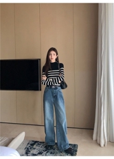 半高领条纹100纯山衫女洋气短款修身毛衣百搭显瘦针织打底衫，女装针织衫/毛衣，沐策羊绒