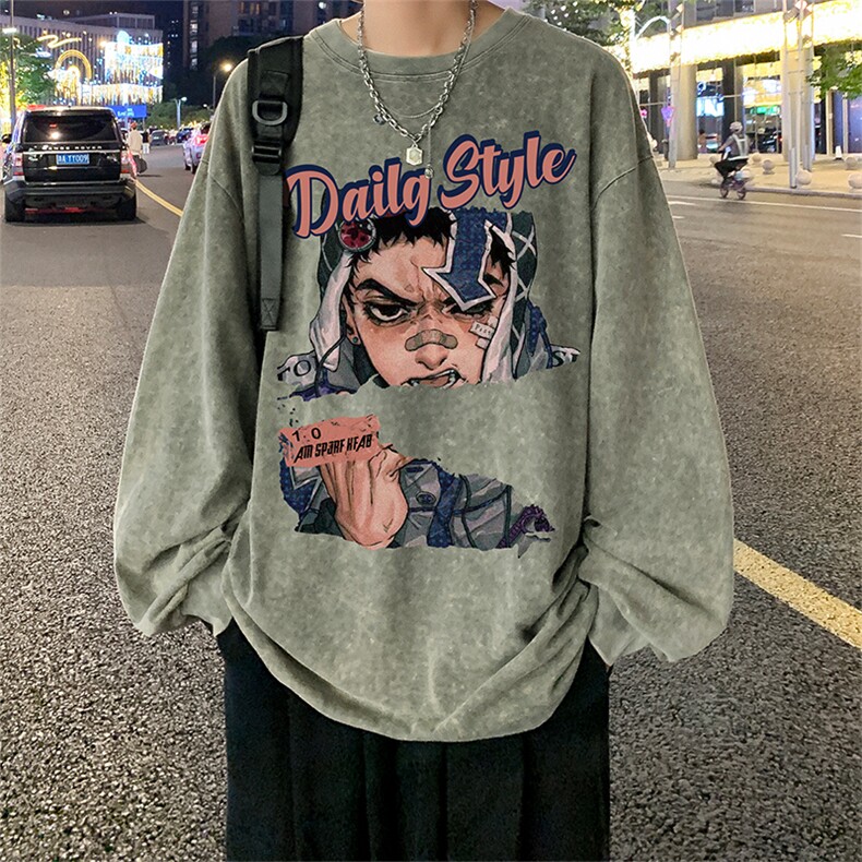 胖胖哥美式高街卫衣男秋季新款潮牌复古做旧大码宽松圆领长袖外套,男装T恤,电商A486