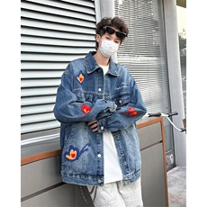 美式复古重工蝴蝶刺绣牛仔外套男女春秋季韩版百搭休闲外套夹克潮，男装工装外套，星座601-1