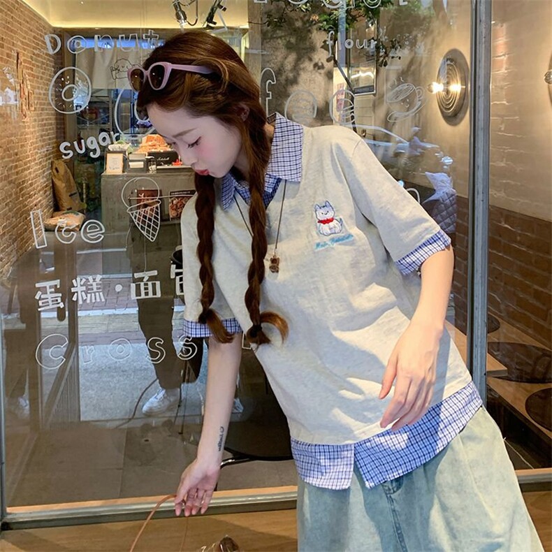 H0713-P45短袖t恤夏2026新款假两件卡通刺绣翻领上衣韩版女装图片