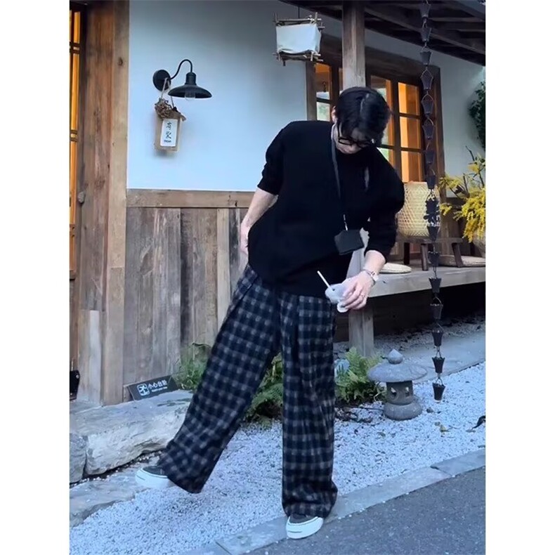 简约潮流流行百搭新款文艺慵懒时尚原宿日系全松紧腰格子裤ins,男装休闲裤,星座506A