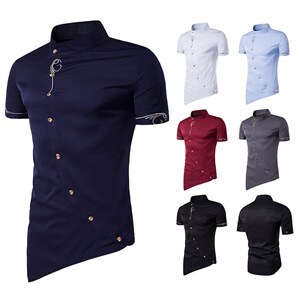 镂空外贸个性新款男士斜门襟尖下摆绅士服短袖立领衬衫 A28P40,男装T恤,星座1314