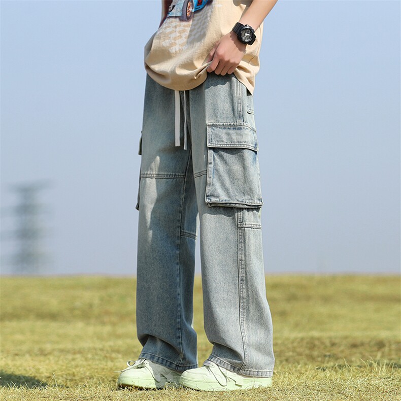 水洗牛仔裤男生潮牌美式工装阔腿长裤运动裤子男-BK809-P55黄泥色图片