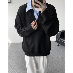 MY625-特P55控98 秋季假两件衬衫领套头毛衣男宽松潮流针织衫图片