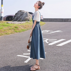 女童裙子套装夏季2024新款儿童牛仔连衣裙泡泡袖短袖T恤两件套潮，女装套装/套裙，慧尚依恋