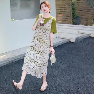 经典简约夏季三醋酸连衣裙女气质透气显瘦短袖中长款宽松裙图片